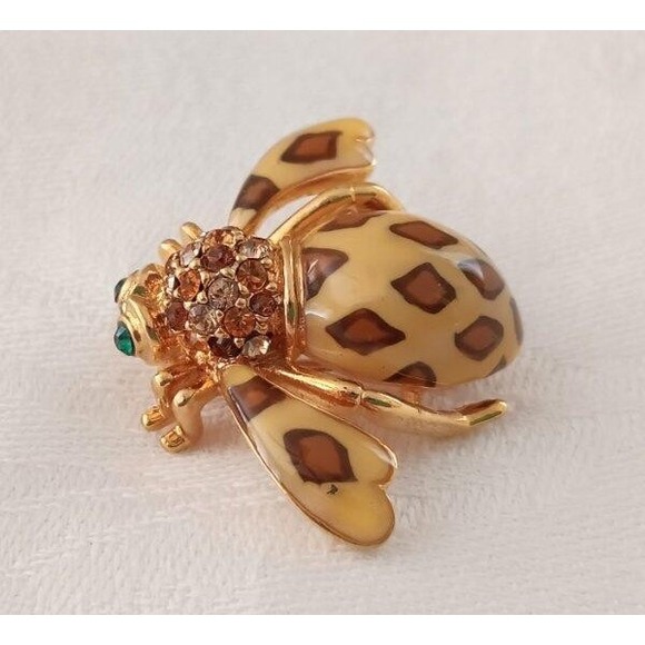 Joan Rivers Rhinestone Enamel Bee Brooch Pin Joan of the Jungle Brown Green Eyes - Picture 4 of 5
